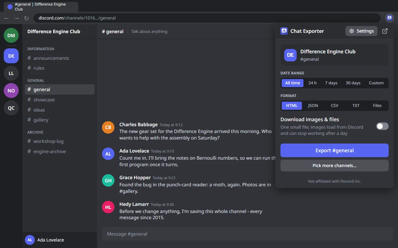 The extension's popup open over a Discord channel: the open channel #general is filled in, with the date range, the format (HTML, JSON, CSV, TXT or Files), the "Download images & files" switch and the "Export #general" button.