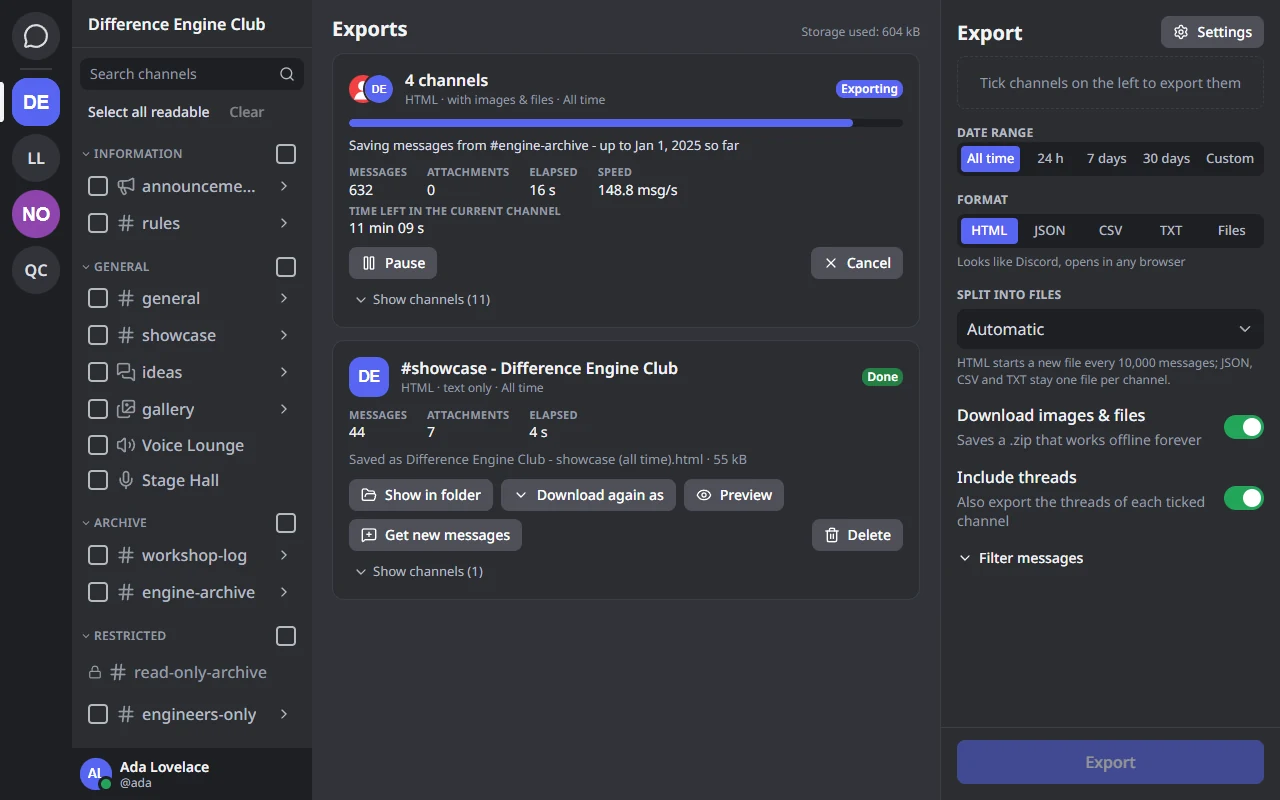 An export of 4 channels in progress: a progress bar, the number of messages, the speed, the time left, and Pause and Cancel buttons.