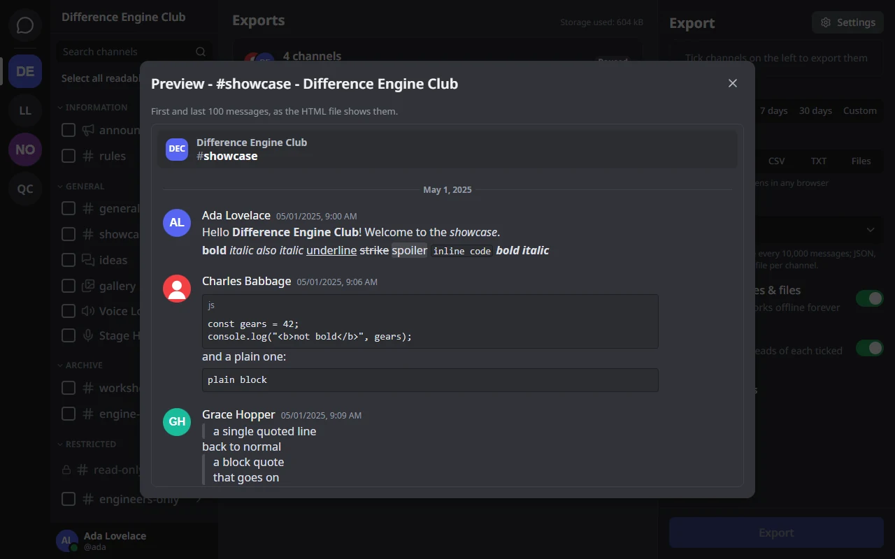 The preview of a finished export: the messages of #showcase as the HTML file shows them, with bold and italic text and code blocks.
