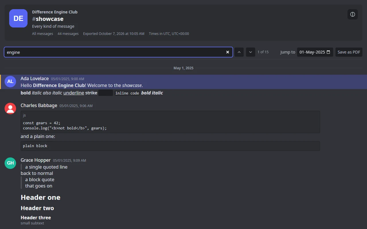 An exported HTML file open in the browser: it looks like Discord, with a search box, "Jump to" a date and "Save as PDF" at the top.